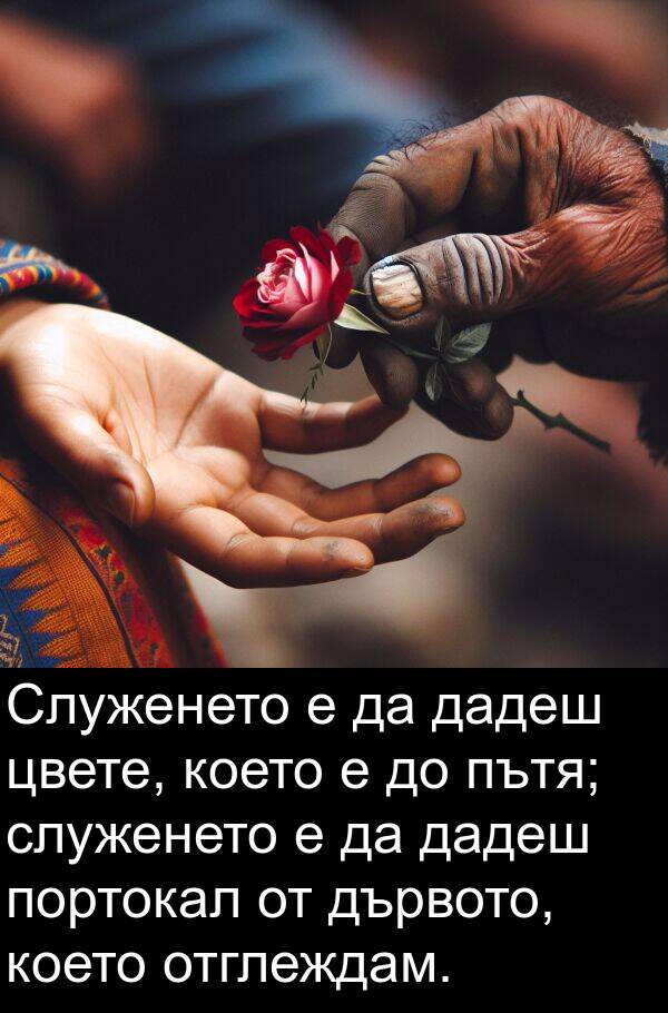 цвете: Служенето е да дадеш цвете, което е до пътя; служенето е да дадеш портокал от дървото, което отглеждам.