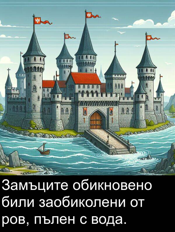 заобиколени: Замъците обикновено били заобиколени от ров, пълен с вода.