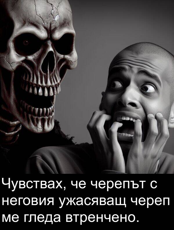 гледа: Чувствах, че черепът с неговия ужасяващ череп ме гледа втренчено.