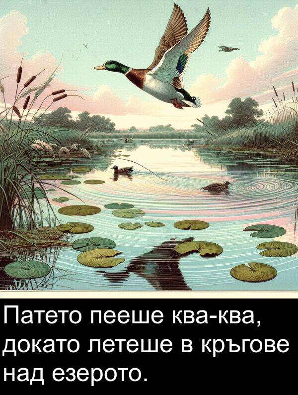 пееше: Патето пееше ква-ква, докато летеше в кръгове над езерото.