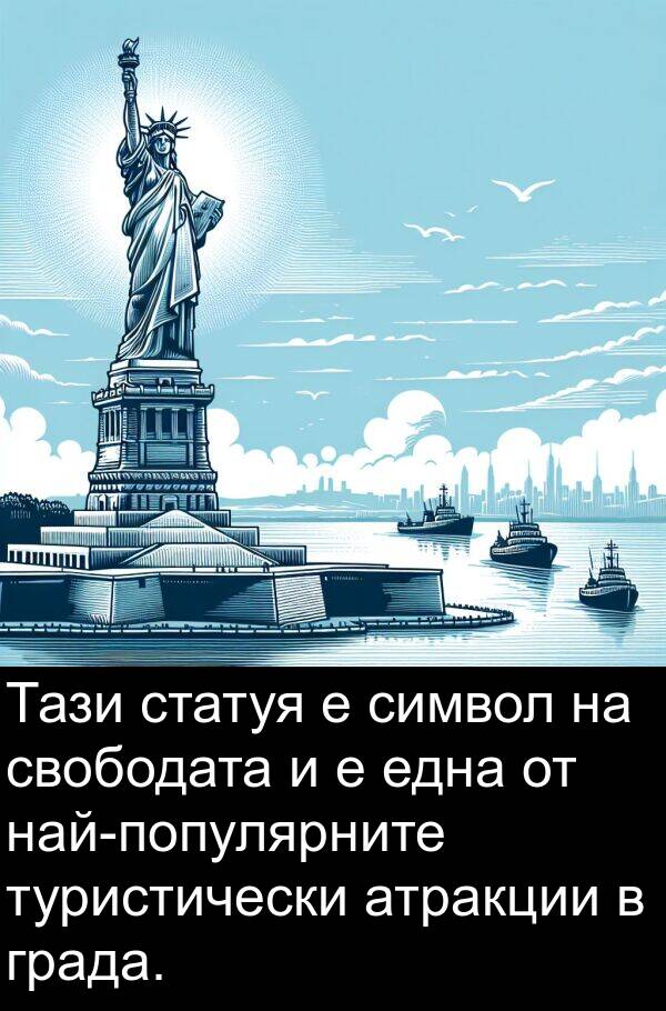 една: Тази статуя е символ на свободата и е една от най-популярните туристически атракции в града.