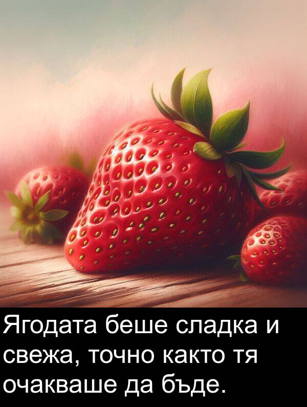 както: Ягодата беше сладка и свежа, точно както тя очакваше да бъде.