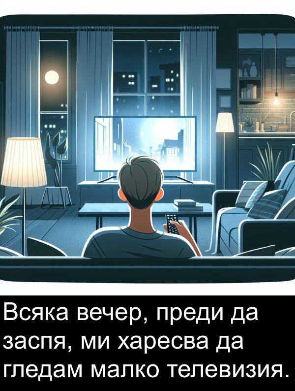 заспя: Всяка вечер, преди да заспя, ми харесва да гледам малко телевизия.