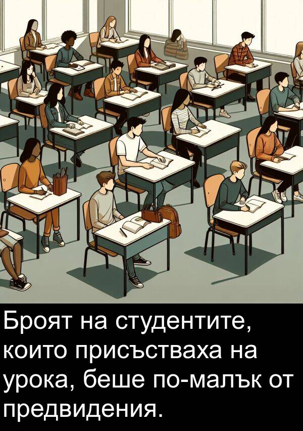 студентите: Броят на студентите, които присъстваха на урока, беше по-малък от предвидения.