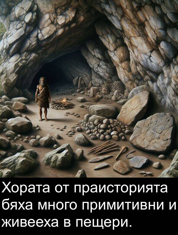 живееха: Хората от праисторията бяха много примитивни и живееха в пещери.