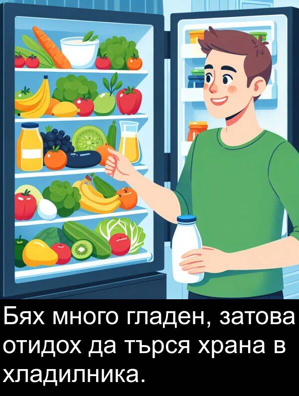 затова: Бях много гладен, затова отидох да търся храна в хладилника.