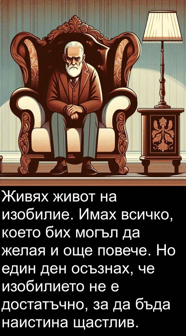 желая: Живях живот на изобилие. Имах всичко, което бих могъл да желая и още повече. Но един ден осъзнах, че изобилието не е достатъчно, за да бъда наистина щастлив.