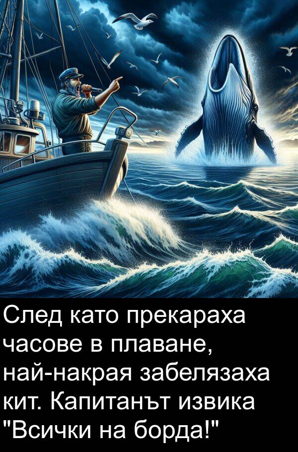 кит: След като прекараха часове в плаване, най-накрая забелязаха кит. Капитанът извика "Всички на борда!"