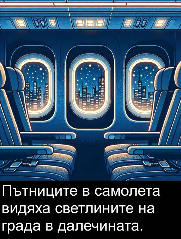 далечината: Пътниците в самолета видяха светлините на града в далечината.