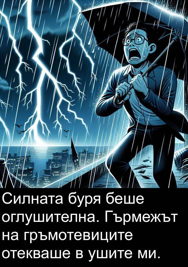 ми: Силната буря беше оглушителна. Гърмежът на гръмотевиците отекваше в ушите ми.