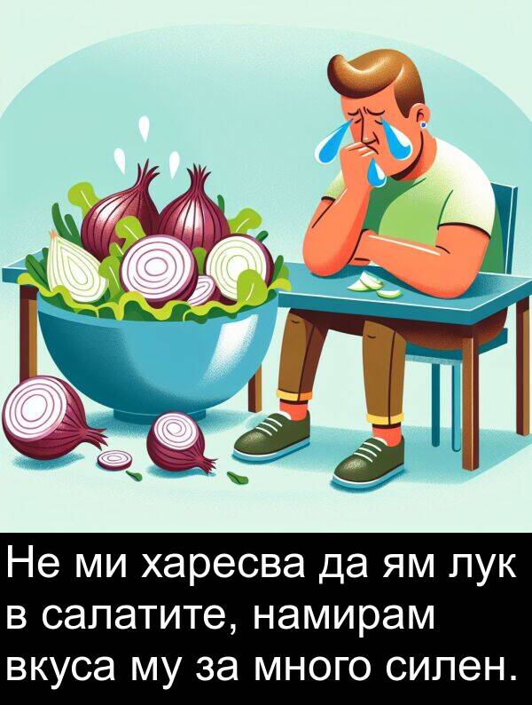 харесва: Не ми харесва да ям лук в салатите, намирам вкуса му за много силен.