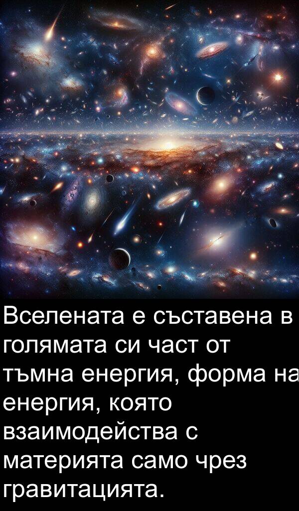 форма: Вселената е съставена в голямата си част от тъмна енергия, форма на енергия, която взаимодейства с материята само чрез гравитацията.