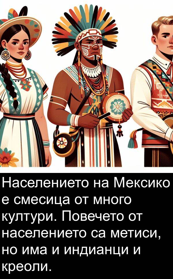 култури: Населението на Мексико е смесица от много култури. Повечето от населението са метиси, но има и индианци и креоли.