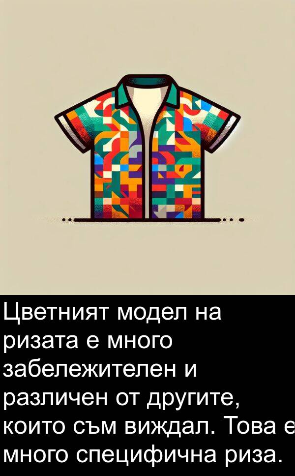виждал: Цветният модел на ризата е много забележителен и различен от другите, които съм виждал. Това е много специфична риза.