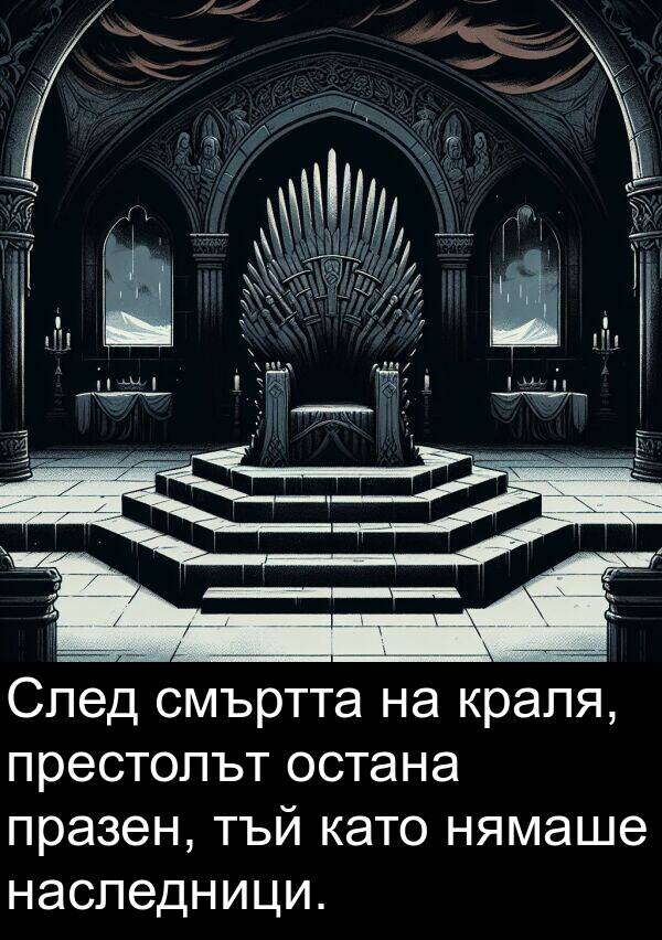 празен: След смъртта на краля, престолът остана празен, тъй като нямаше наследници.