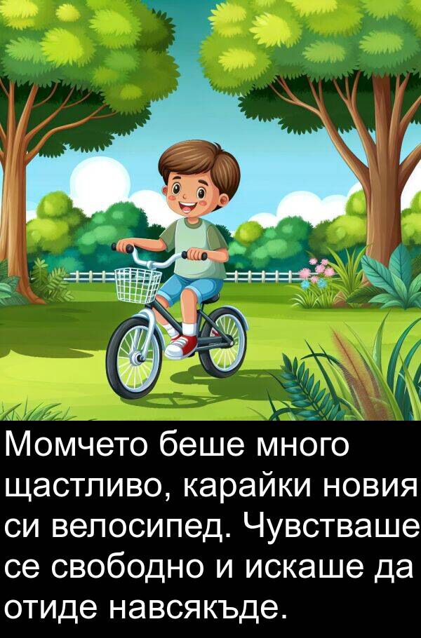 велосипед: Момчето беше много щастливо, карайки новия си велосипед. Чувстваше се свободно и искаше да отиде навсякъде.