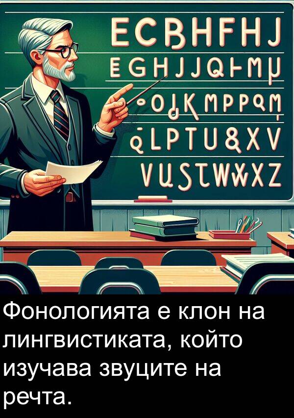 звуците: Фонологията е клон на лингвистиката, който изучава звуците на речта.