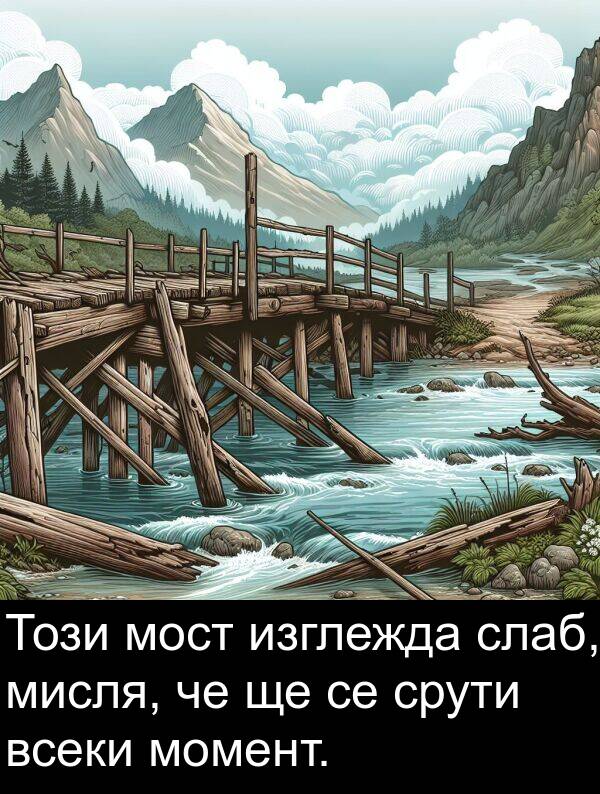 изглежда: Този мост изглежда слаб, мисля, че ще се срути всеки момент.