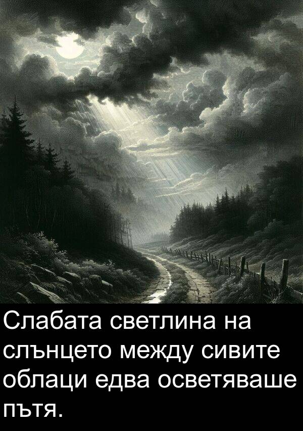 между: Слабата светлина на слънцето между сивите облаци едва осветяваше пътя.