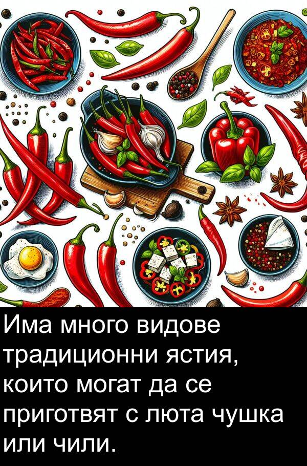 видове: Има много видове традиционни ястия, които могат да се приготвят с люта чушка или чили.