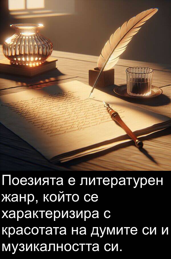 жанр: Поезията е литературен жанр, който се характеризира с красотата на думите си и музикалността си.