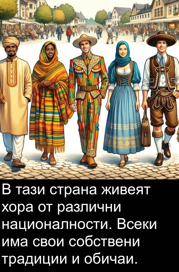 живеят: В тази страна живеят хора от различни националности. Всеки има свои собствени традиции и обичаи.