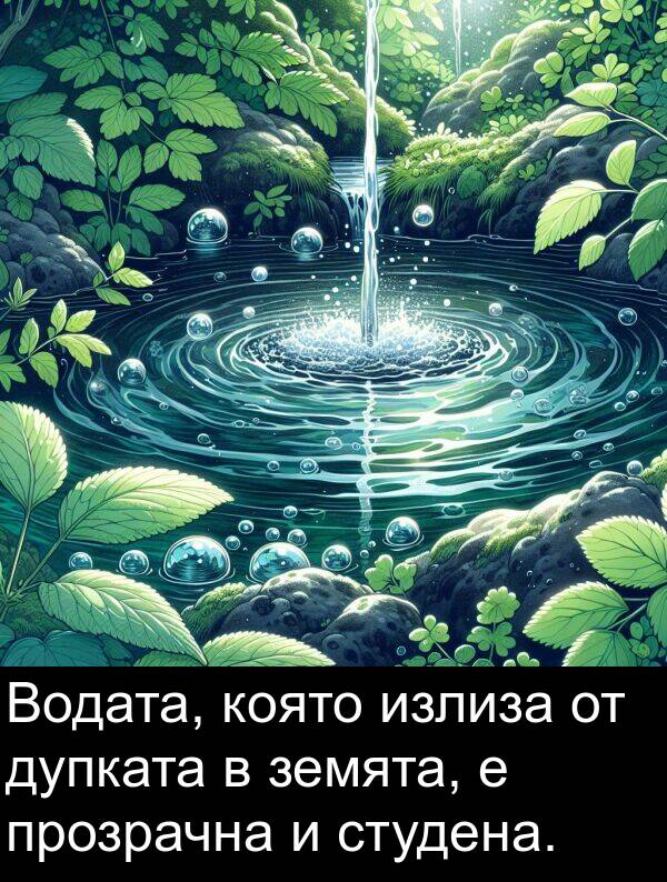 прозрачна: Водата, която излиза от дупката в земята, е прозрачна и студена.