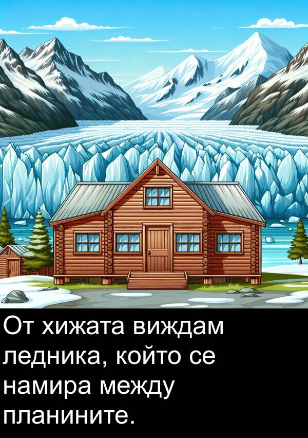 между: От хижата виждам ледника, който се намира между планините.