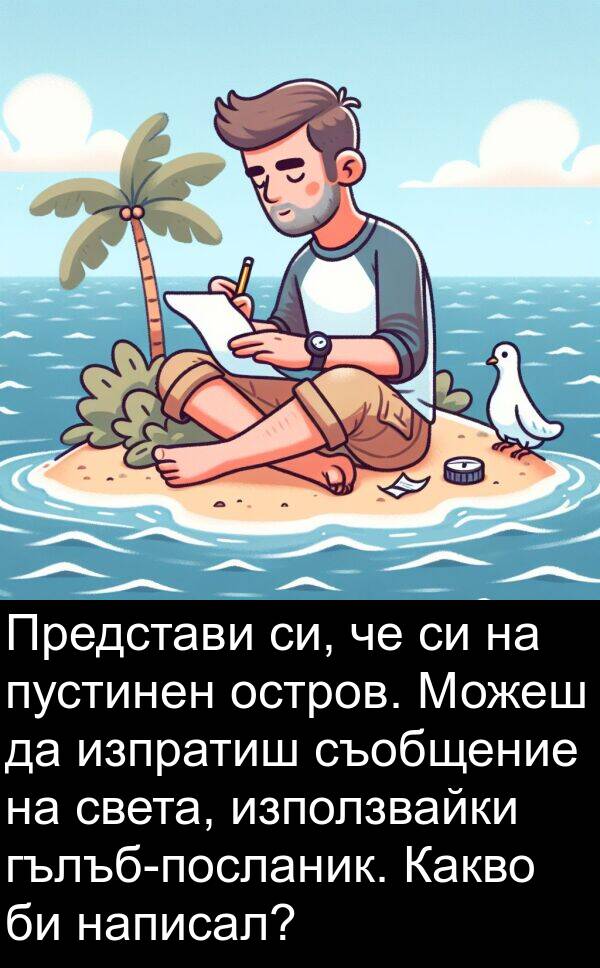 написал: Представи си, че си на пустинен остров. Можеш да изпратиш съобщение на света, използвайки гълъб-посланик. Какво би написал?