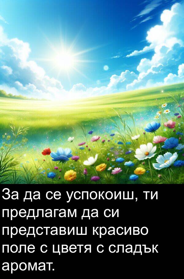 цветя: За да се успокоиш, ти предлагам да си представиш красиво поле с цветя с сладък аромат.