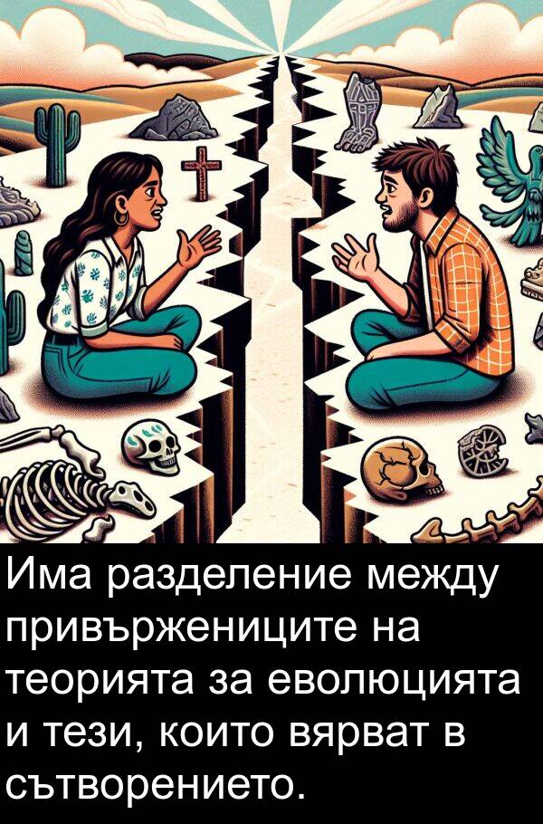 между: Има разделение между привържениците на теорията за еволюцията и тези, които вярват в сътворението.