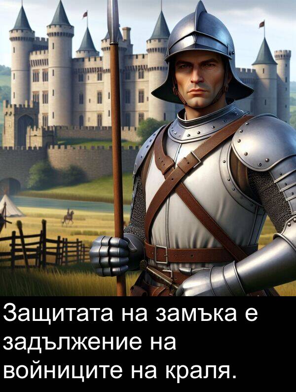 задължение: Защитата на замъка е задължение на войниците на краля.