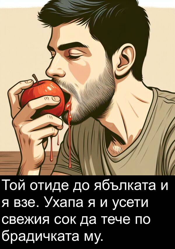 взе: Той отиде до ябълката и я взе. Ухапа я и усети свежия сок да тече по брадичката му.