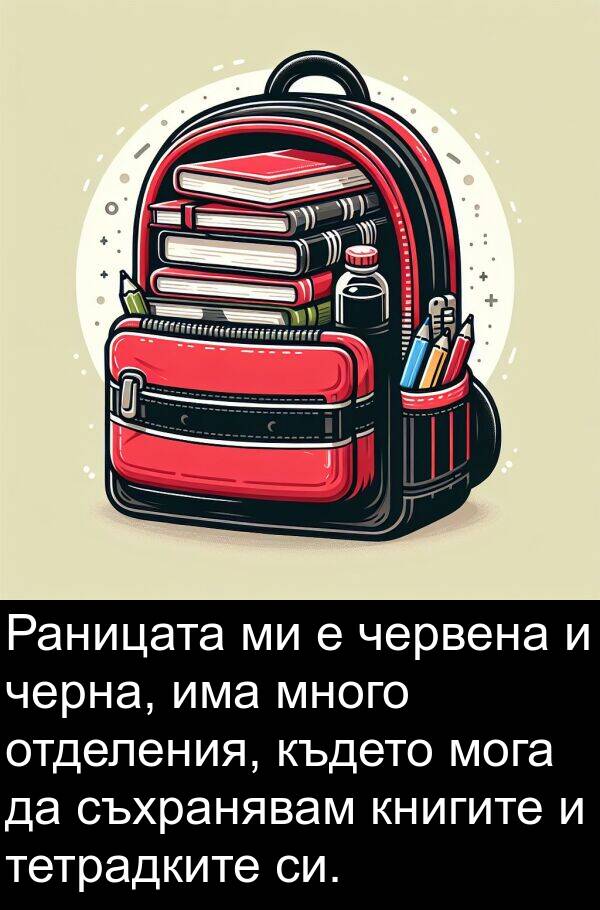 червена: Раницата ми е червена и черна, има много отделения, където мога да съхранявам книгите и тетрадките си.