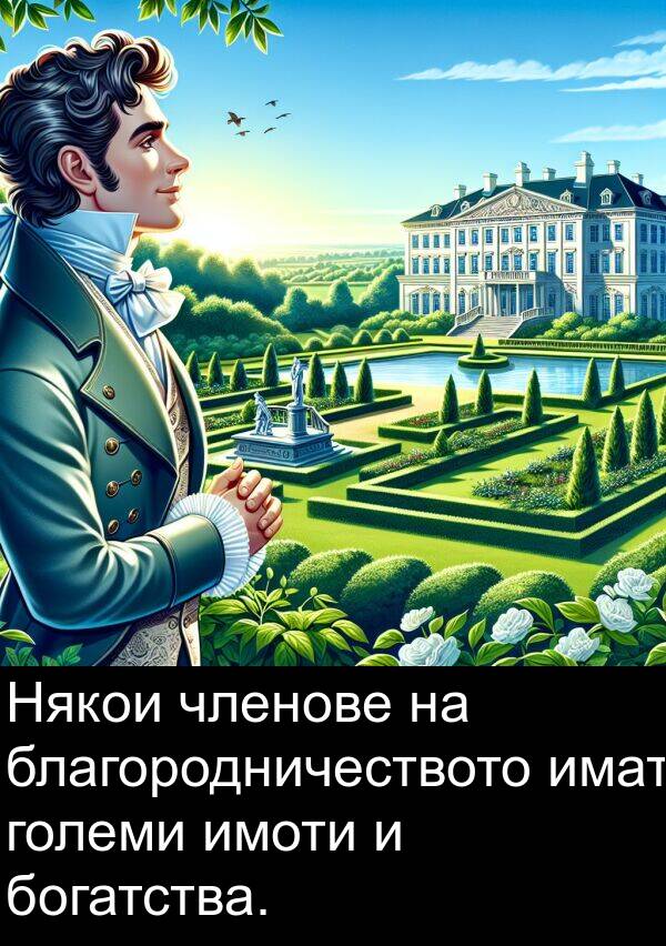 големи: Някои членове на благородничеството имат големи имоти и богатства.