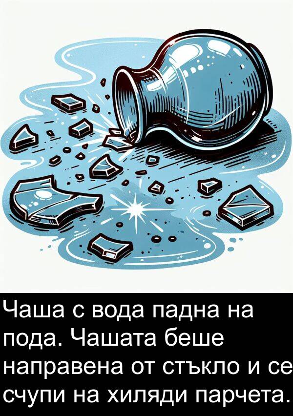 парчета: Чаша с вода падна на пода. Чашата беше направена от стъкло и се счупи на хиляди парчета.