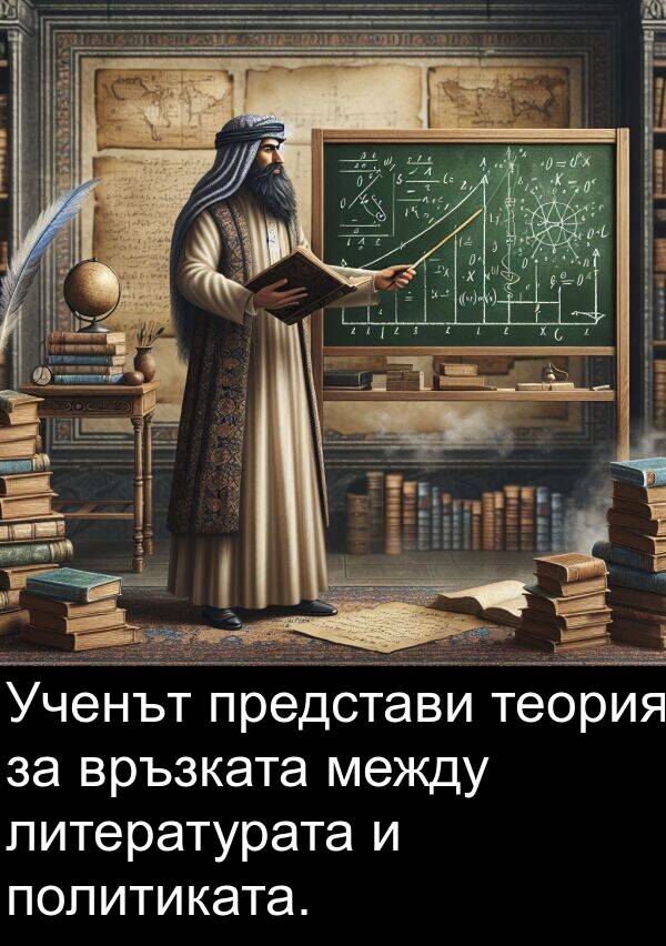 между: Ученът представи теория за връзката между литературата и политиката.