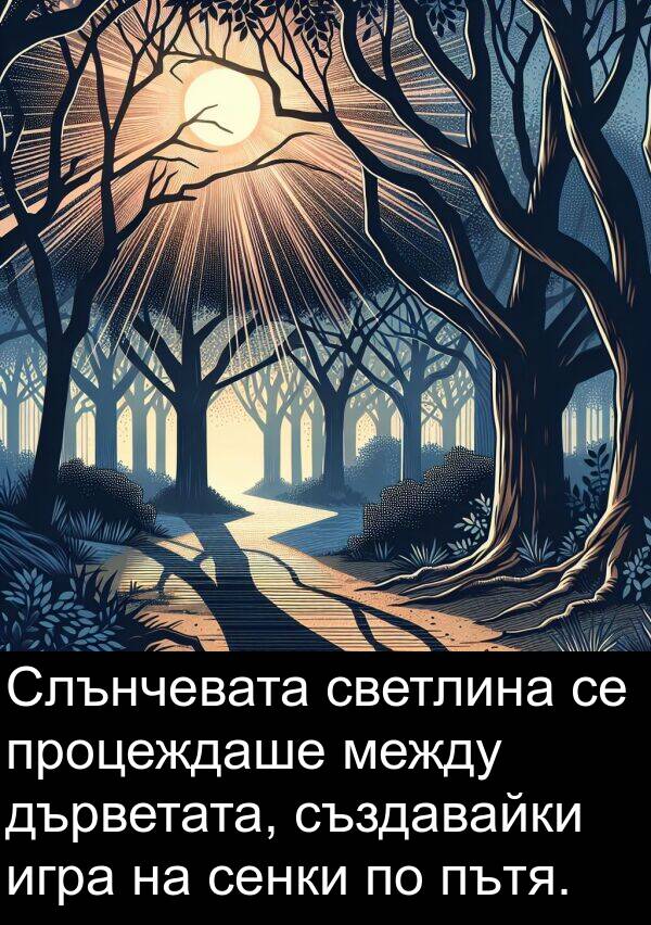 игра: Слънчевата светлина се процеждаше между дърветата, създавайки игра на сенки по пътя.