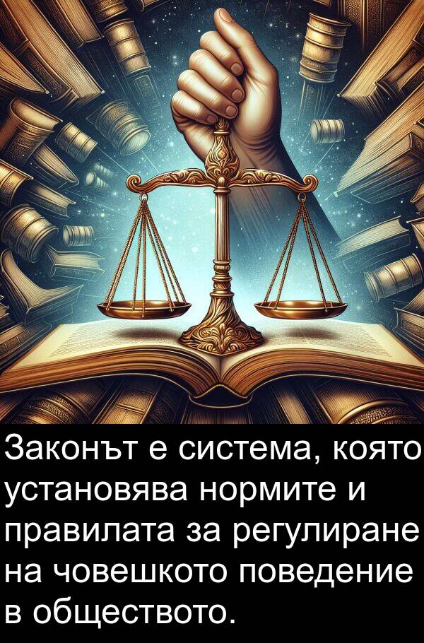 правилата: Законът е система, която установява нормите и правилата за регулиране на човешкото поведение в обществото.