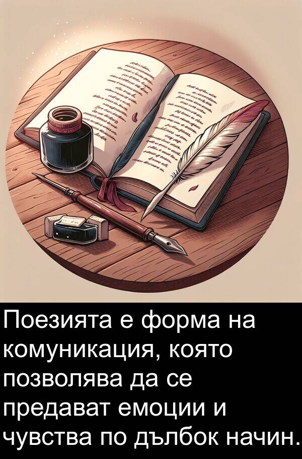 форма: Поезията е форма на комуникация, която позволява да се предават емоции и чувства по дълбок начин.