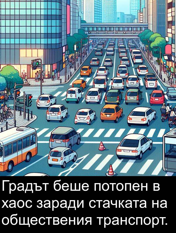 заради: Градът беше потопен в хаос заради стачката на обществения транспорт.