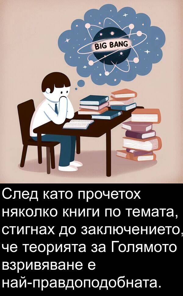 теорията: След като прочетох няколко книги по темата, стигнах до заключението, че теорията за Голямото взривяване е най-правдоподобната.