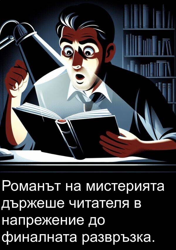 читателя: Романът на мистерията държеше читателя в напрежение до финалната развръзка.