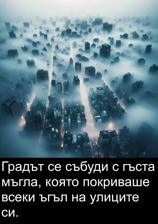 покриваше: Градът се събуди с гъста мъгла, която покриваше всеки ъгъл на улиците си.