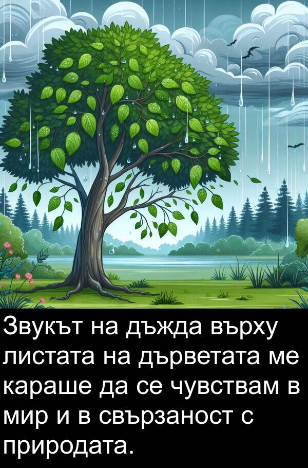 караше: Звукът на дъжда върху листата на дърветата ме караше да се чувствам в мир и в свързаност с природата.