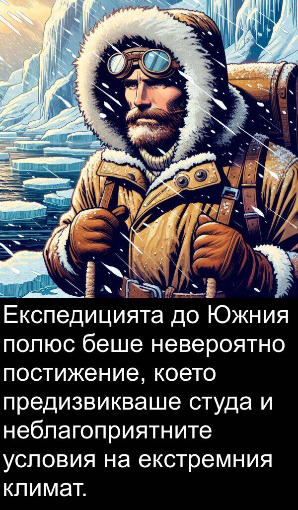 предизвикваше: Експедицията до Южния полюс беше невероятно постижение, което предизвикваше студа и неблагоприятните условия на екстремния климат.