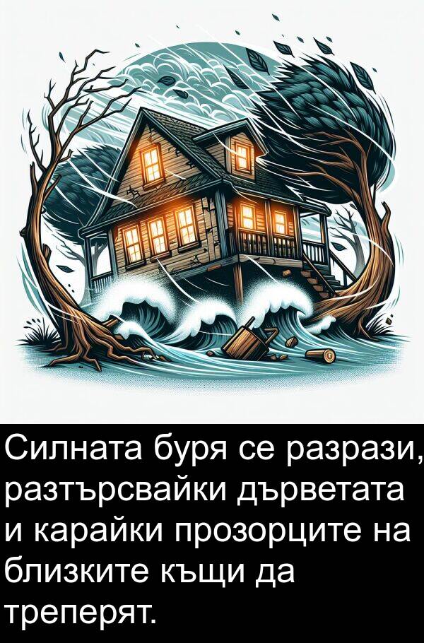 прозорците: Силната буря се разрази, разтърсвайки дърветата и карайки прозорците на близките къщи да треперят.