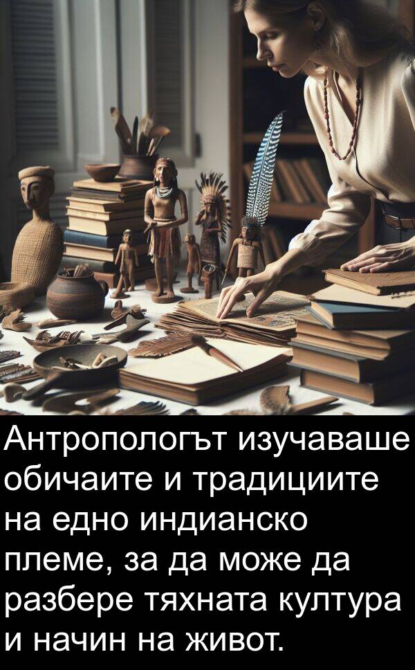 живот: Антропологът изучаваше обичаите и традициите на едно индианско племе, за да може да разбере тяхната култура и начин на живот.