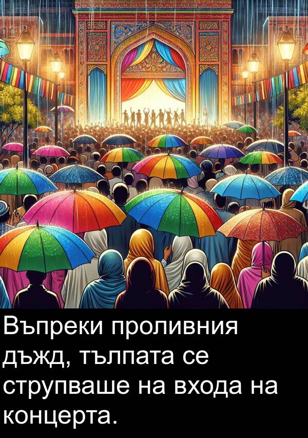 проливния: Въпреки проливния дъжд, тълпата се струпваше на входа на концерта.