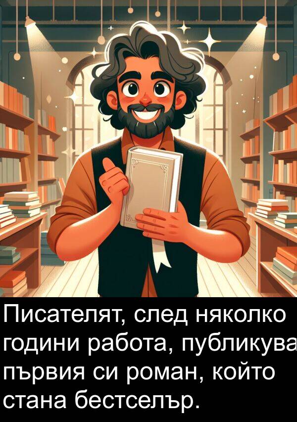 години: Писателят, след няколко години работа, публикува първия си роман, който стана бестселър.